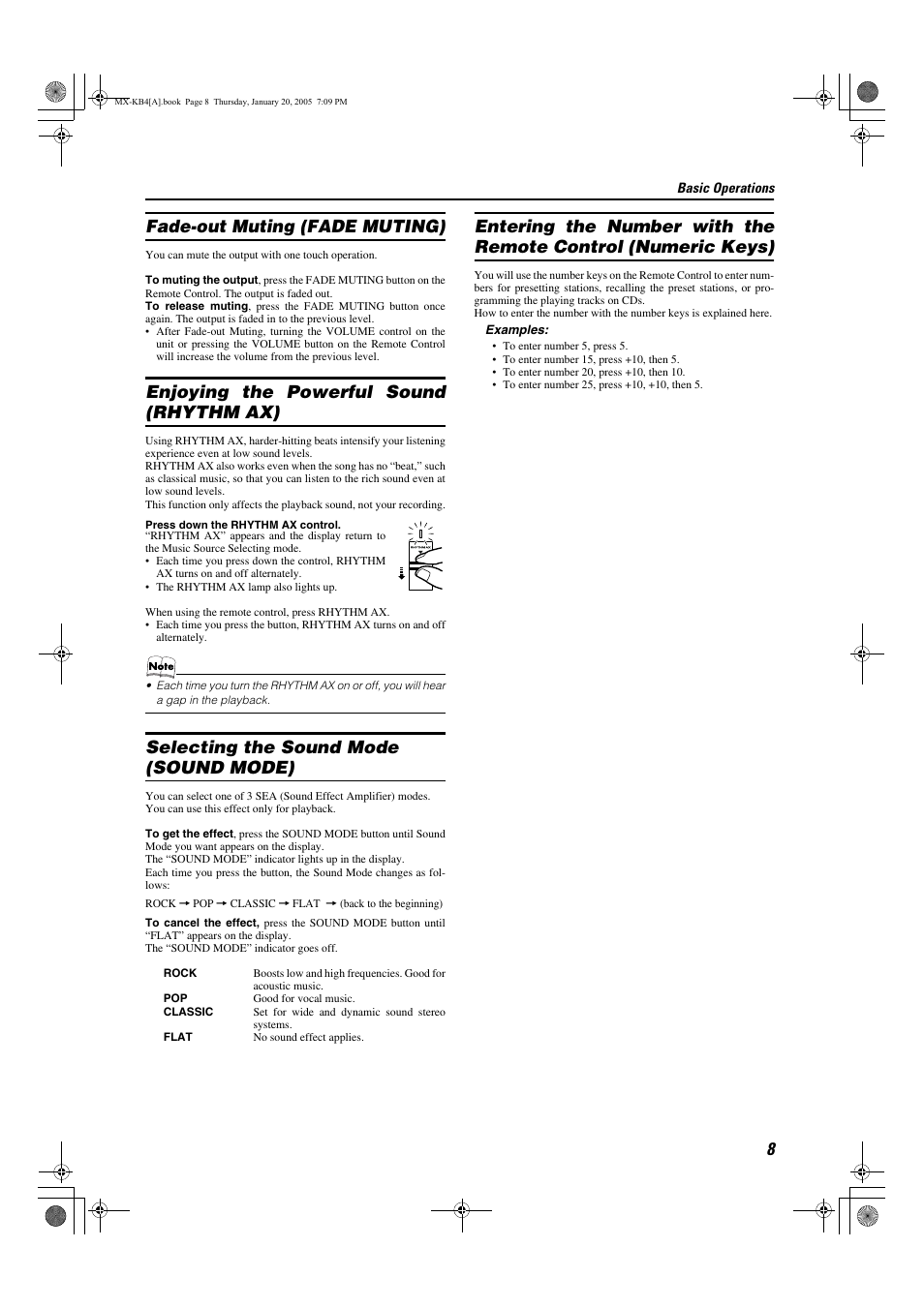 Fade-out muting (fade muting), Enjoying the powerful sound (rhythm ax), Selecting the sound mode (sound mode) | JVC 0205NYMCREBET User Manual | Page 10 / 88