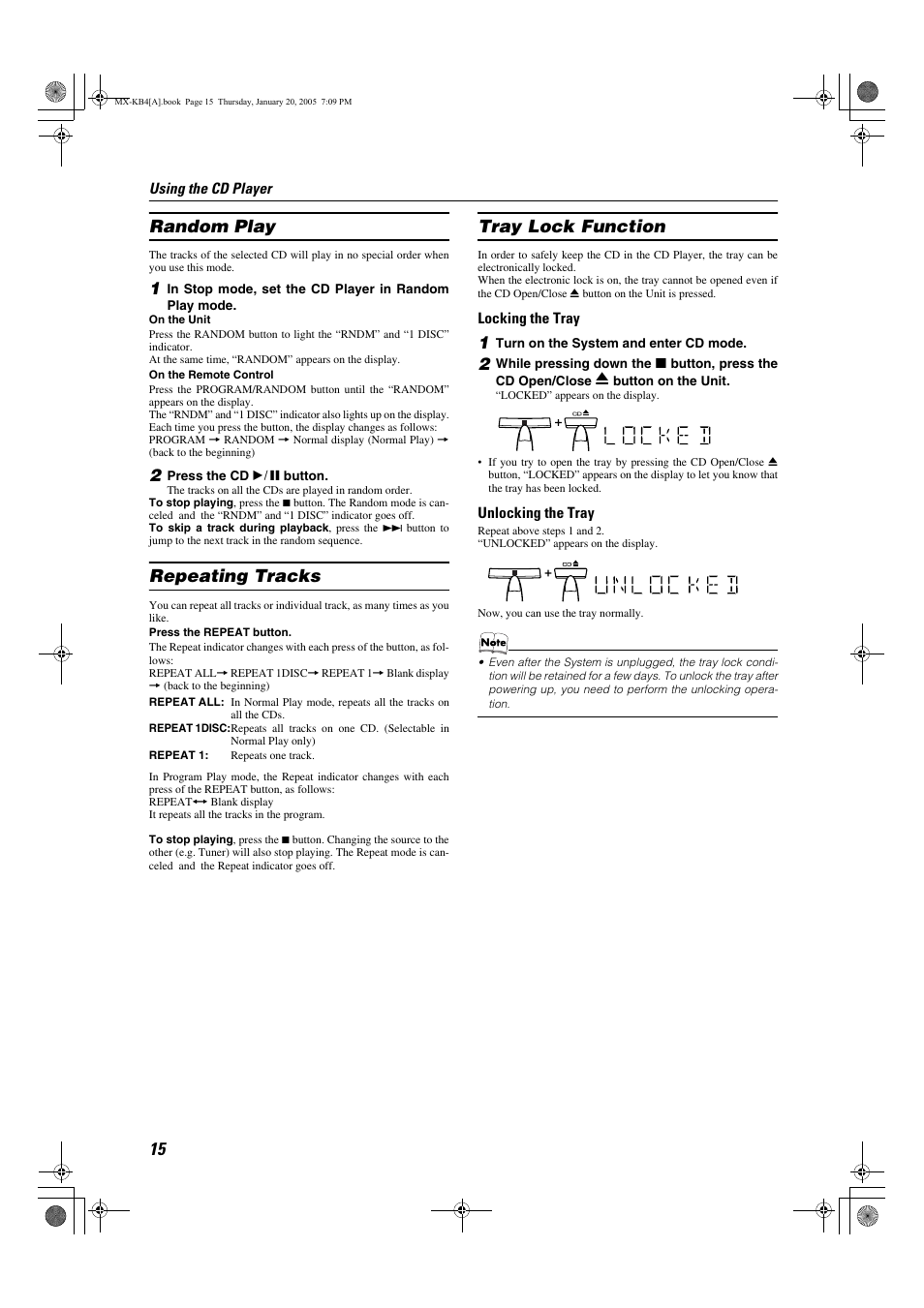 Random play, Repeating tracks, Tray lock function | Random play repeating tracks tray lock function | JVC 0205NYMCREBET User Manual | Page 17 / 88