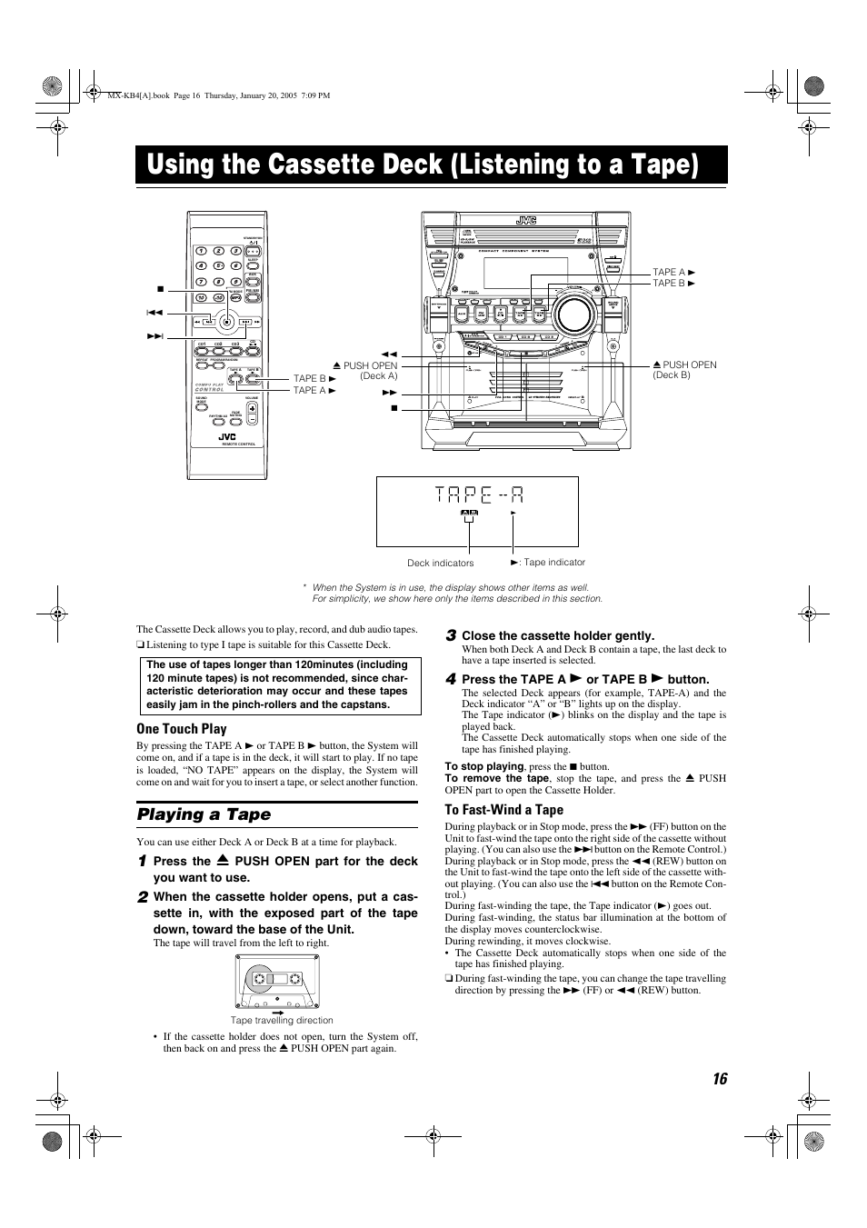 Using the cassette deck (listening to a tape), Playing a tape, One touch play | JVC 0205NYMCREBET User Manual | Page 18 / 88