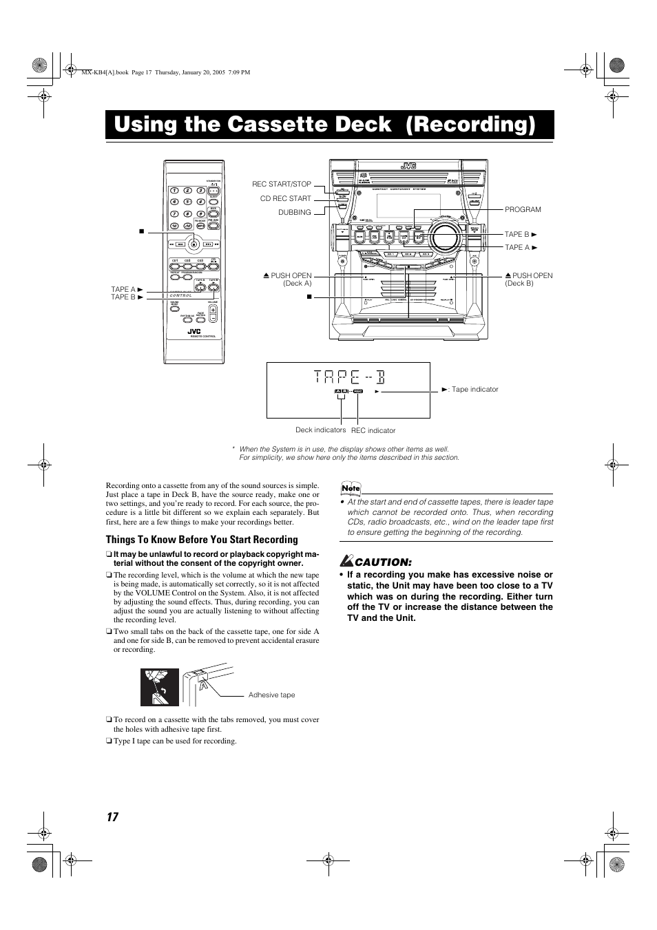 Using the cassette deck (recording), Things to know before you start recording, Caution | JVC 0205NYMCREBET User Manual | Page 19 / 88