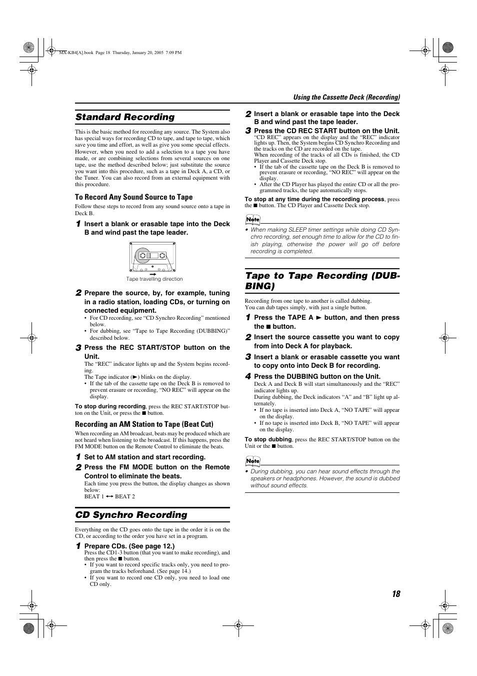 Standard recording, Cd synchro recording, Tape to tape recording (dubbing) | Tape to tape recording (dub- bing) | JVC 0205NYMCREBET User Manual | Page 20 / 88