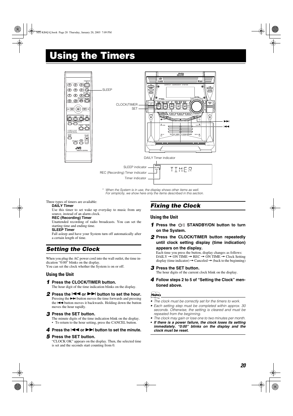 Using the timers, Setting the clock, Fixing the clock | Setting the clock fixing the clock, Using the unit | JVC 0205NYMCREBET User Manual | Page 22 / 88