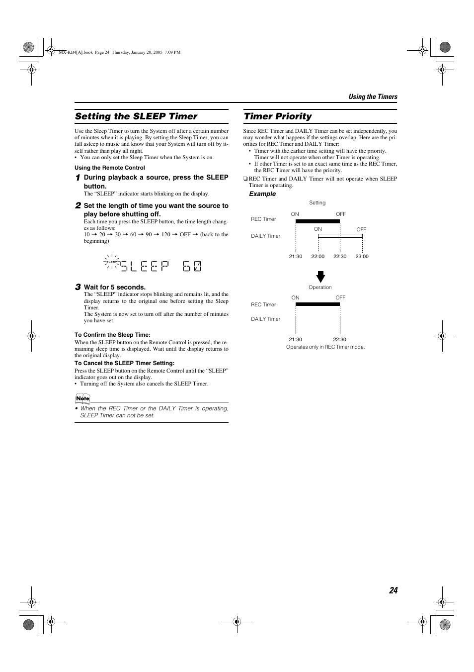 Setting the sleep timer, Timer priority, Setting the sleep timer timer priority | JVC 0205NYMCREBET User Manual | Page 26 / 88