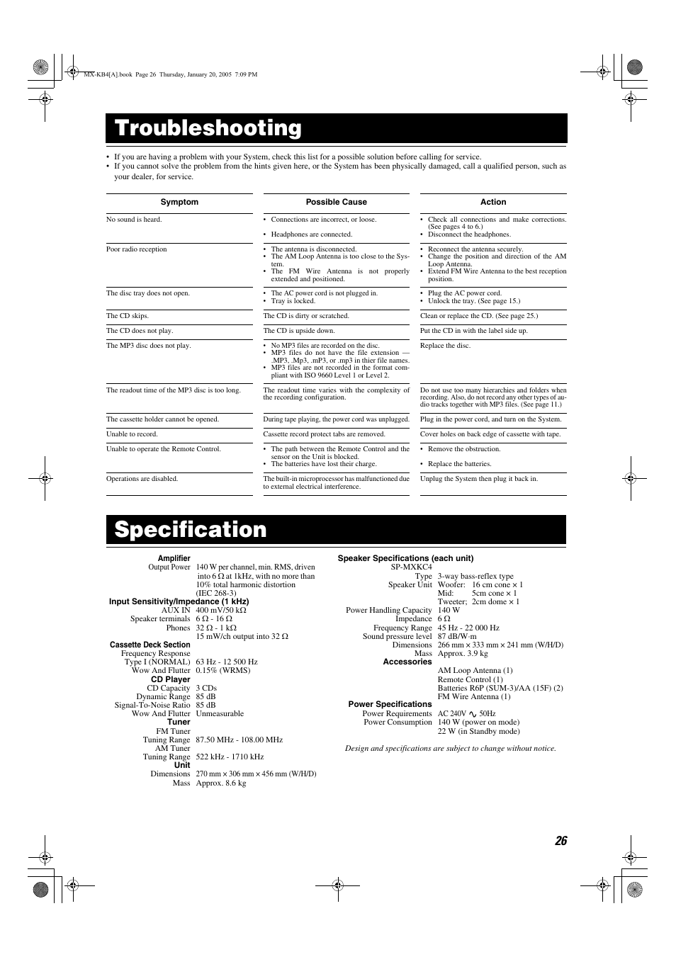 Troubleshooting, Specification, Troubleshooting specification | JVC 0205NYMCREBET User Manual | Page 28 / 88