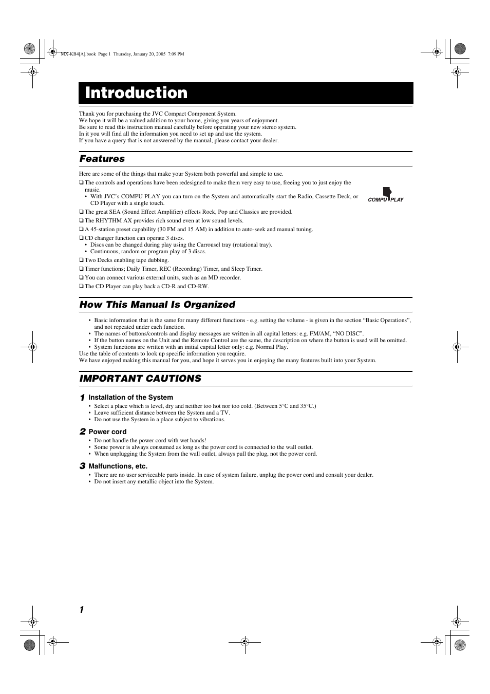 Introduction, Features, How this manual is organized | Important cautions | JVC 0205NYMCREBET User Manual | Page 3 / 88