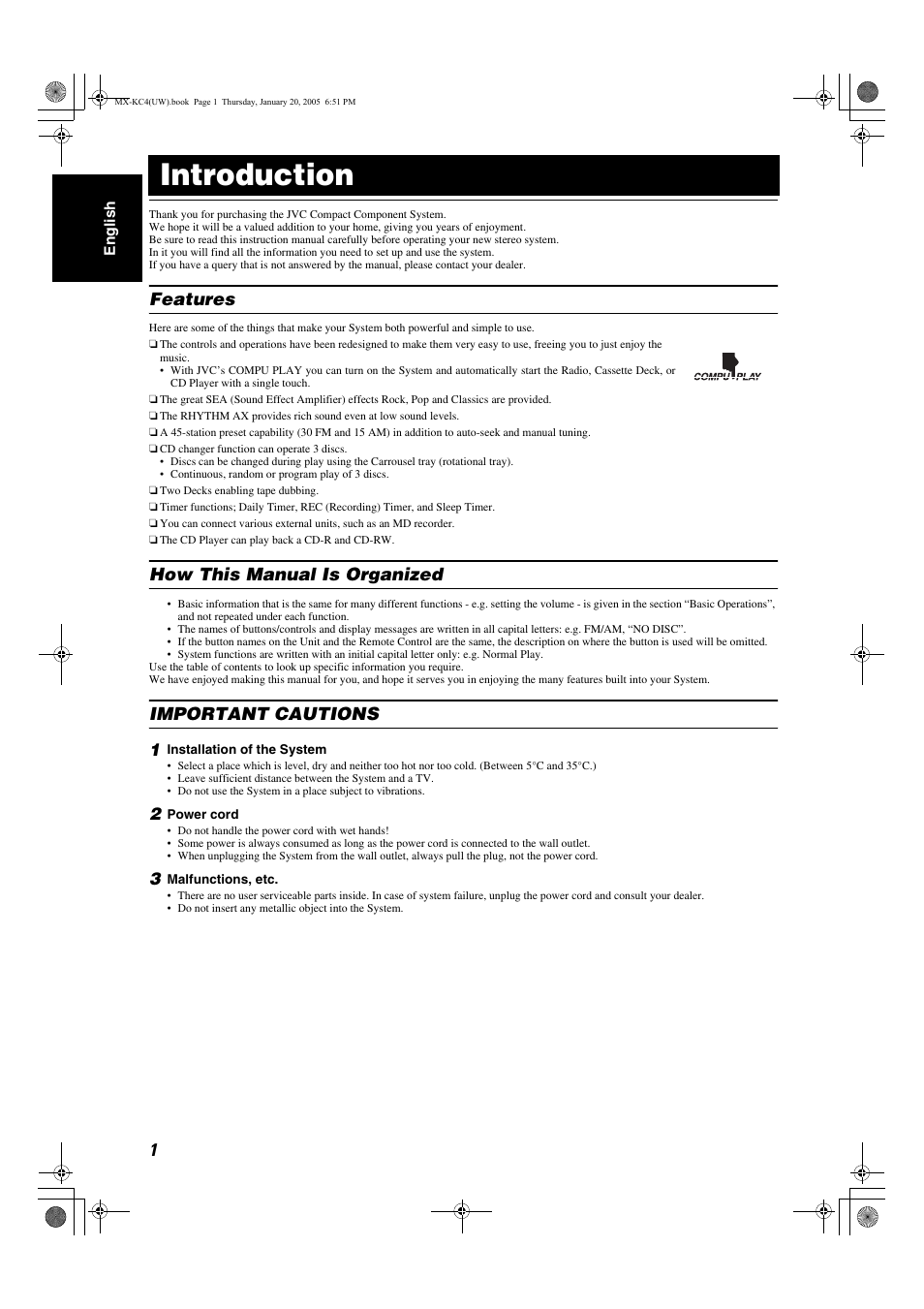 Introduction, Features, How this manual is organized | Important cautions | JVC 0205NYMCREBET User Manual | Page 33 / 88