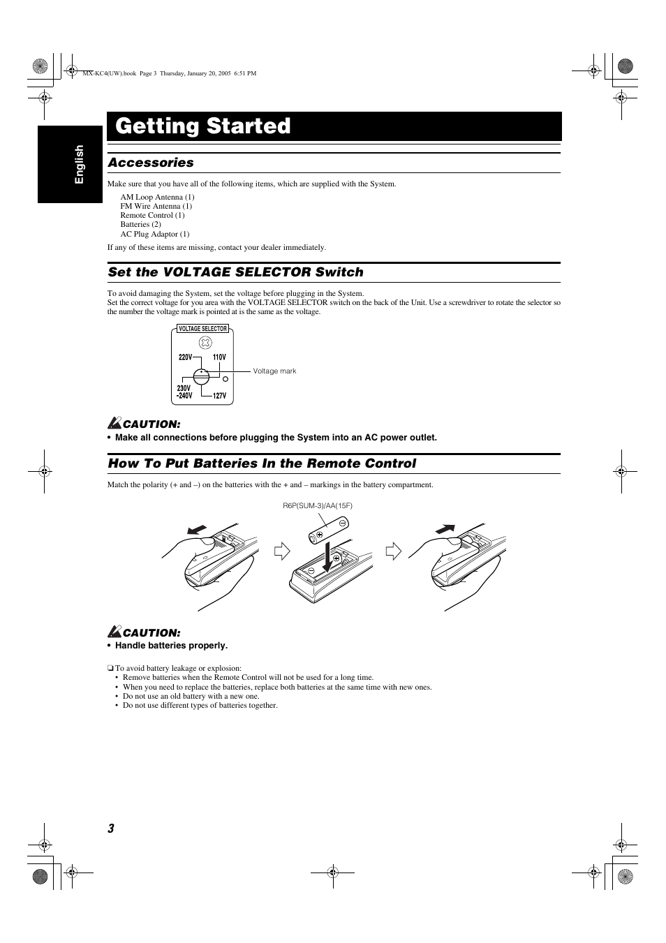 Getting started, Accessories, Set the voltage selector switch | How to put batteries in the remote control | JVC 0205NYMCREBET User Manual | Page 35 / 88