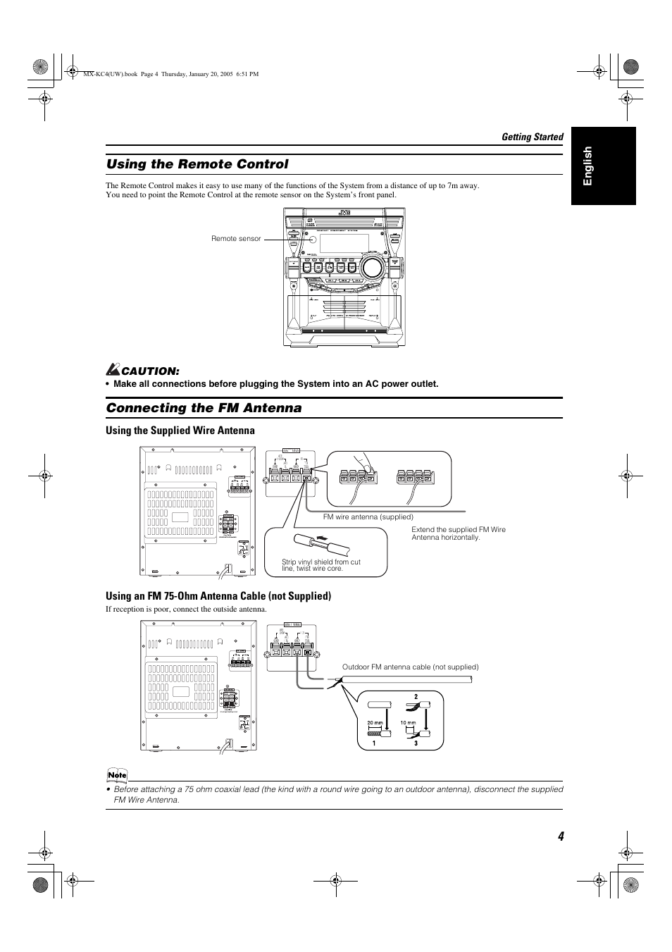 Using the remote control, Connecting the fm antenna | JVC 0205NYMCREBET User Manual | Page 36 / 88