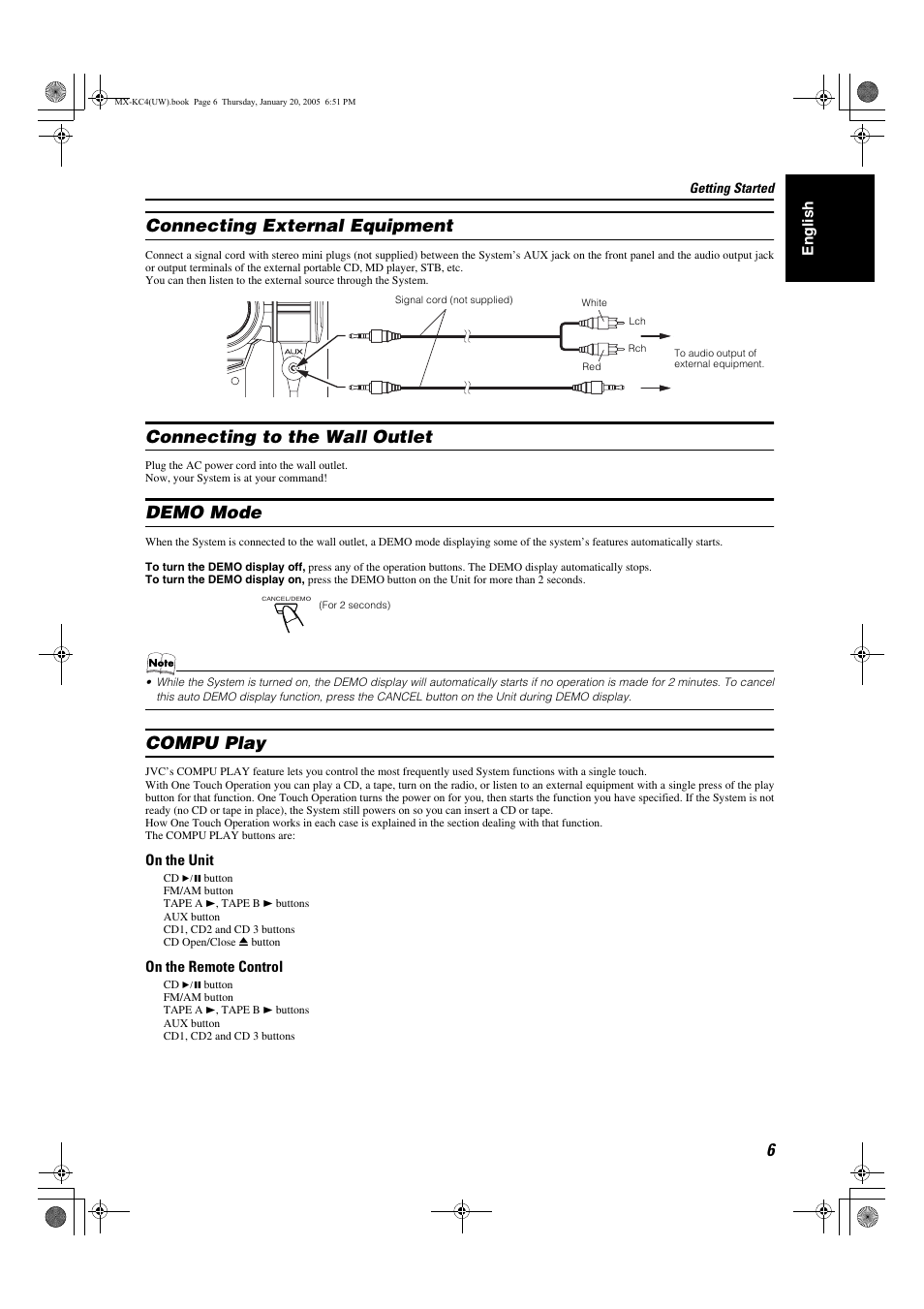 Connecting external equipment, Connecting to the wall outlet, Demo mode | Compu play | JVC 0205NYMCREBET User Manual | Page 38 / 88