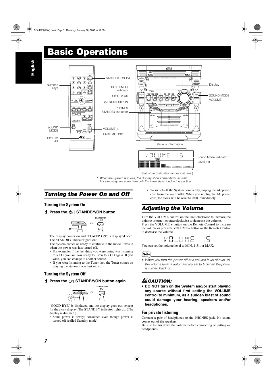 Basic operations, Turning the power on and off, Adjusting the volume | En glish, Turning the system on, Turning the system off, For private listening, Caution, Press the standby/on button, Press the standby/on button again | JVC 0205NYMCREBET User Manual | Page 39 / 88