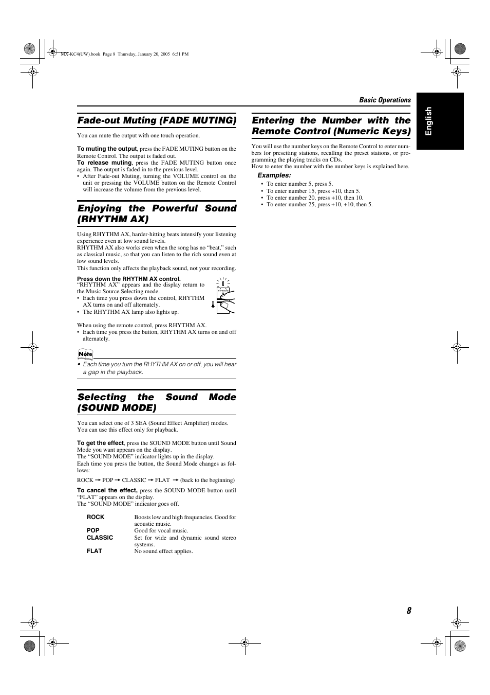 Fade-out muting (fade muting), Enjoying the powerful sound (rhythm ax), Selecting the sound mode (sound mode) | JVC 0205NYMCREBET User Manual | Page 40 / 88