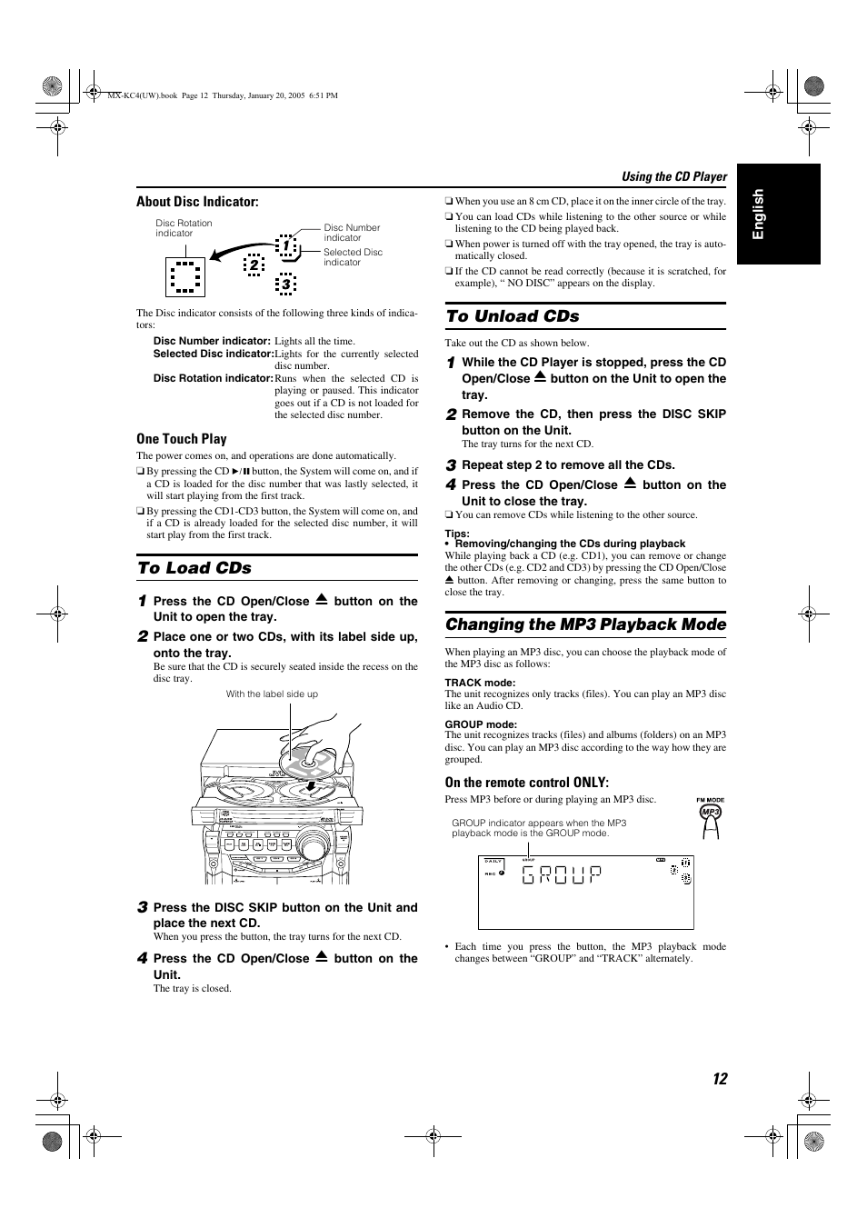 To load cds, To unload cds, Changing the mp3 playback mode | JVC 0205NYMCREBET User Manual | Page 44 / 88