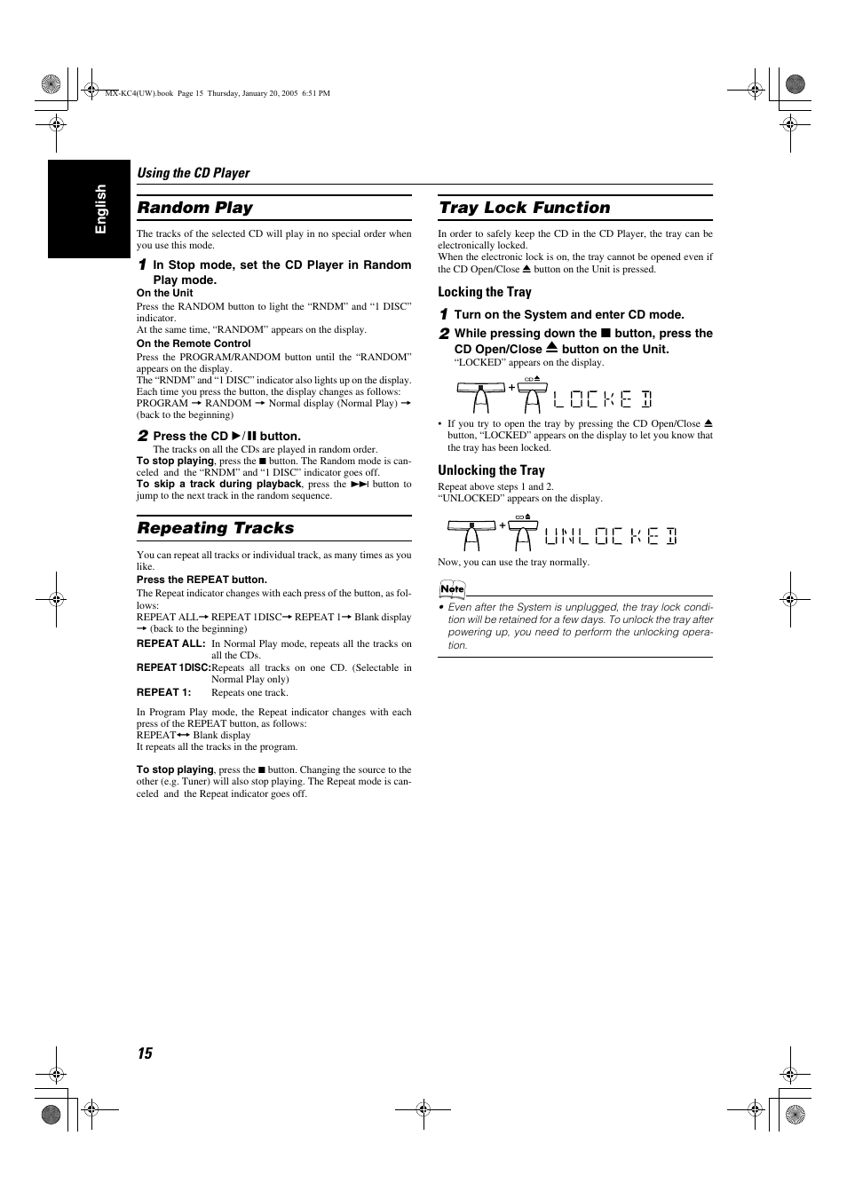 Random play, Repeating tracks, Tray lock function | JVC 0205NYMCREBET User Manual | Page 47 / 88