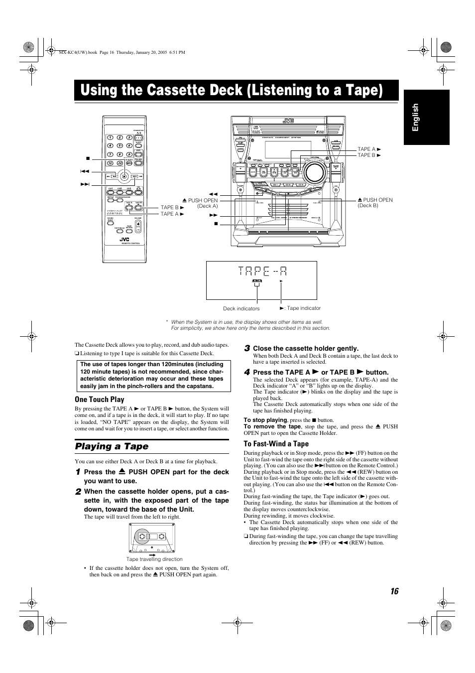 Using the cassette deck (listening to a tape), Playing a tape, En glish | One touch play | JVC 0205NYMCREBET User Manual | Page 48 / 88