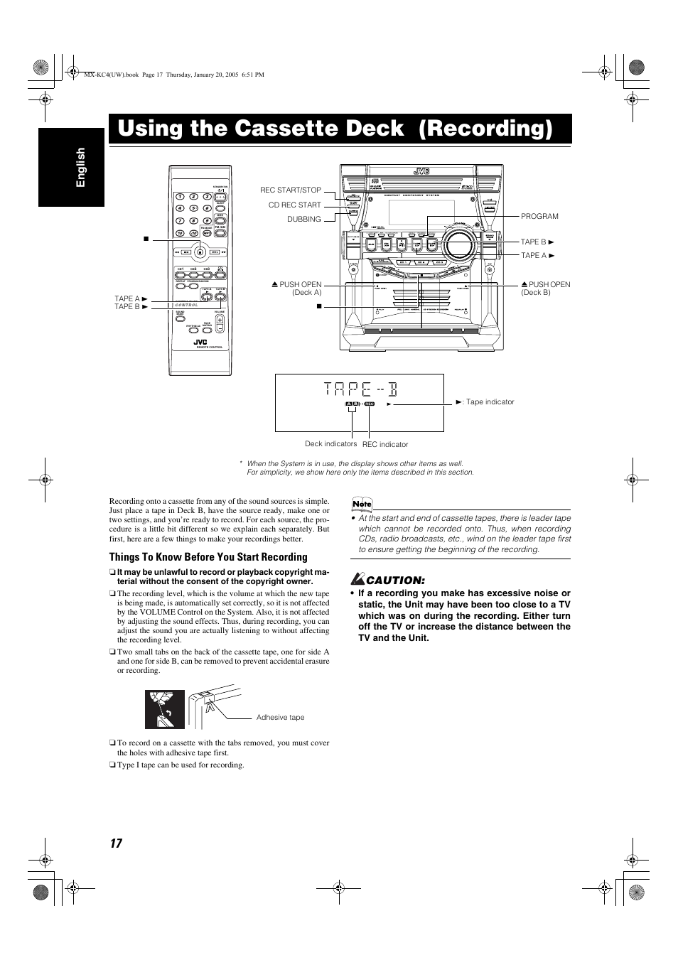 Using the cassette deck (recording), En glish, Things to know before you start recording | Caution | JVC 0205NYMCREBET User Manual | Page 49 / 88