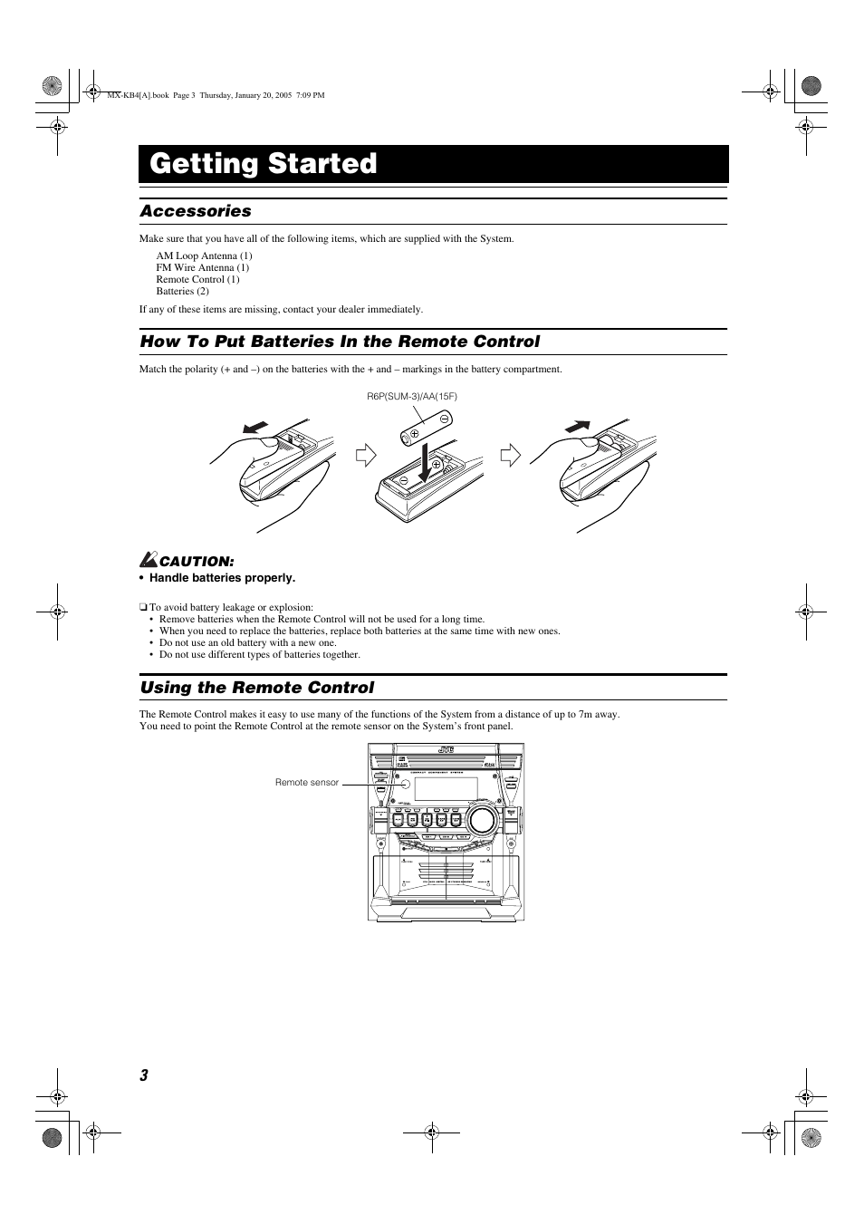 Getting started, Accessories, How to put batteries in the remote control | Using the remote control | JVC 0205NYMCREBET User Manual | Page 5 / 88