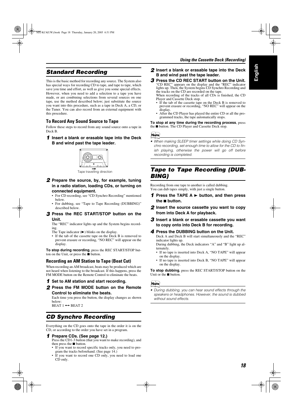 Standard recording, Cd synchro recording, Tape to tape recording (dubbing) | Tape to tape recording (dub- bing) | JVC 0205NYMCREBET User Manual | Page 50 / 88