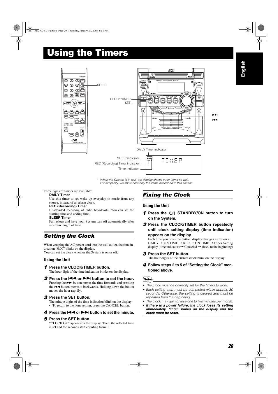 Using the timers, Setting the clock, Fixing the clock | En glish, Using the unit | JVC 0205NYMCREBET User Manual | Page 52 / 88