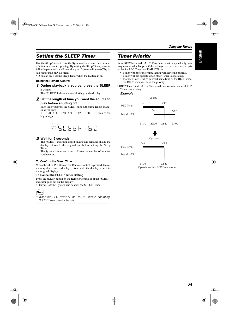 Setting the sleep timer, Timer priority | JVC 0205NYMCREBET User Manual | Page 56 / 88