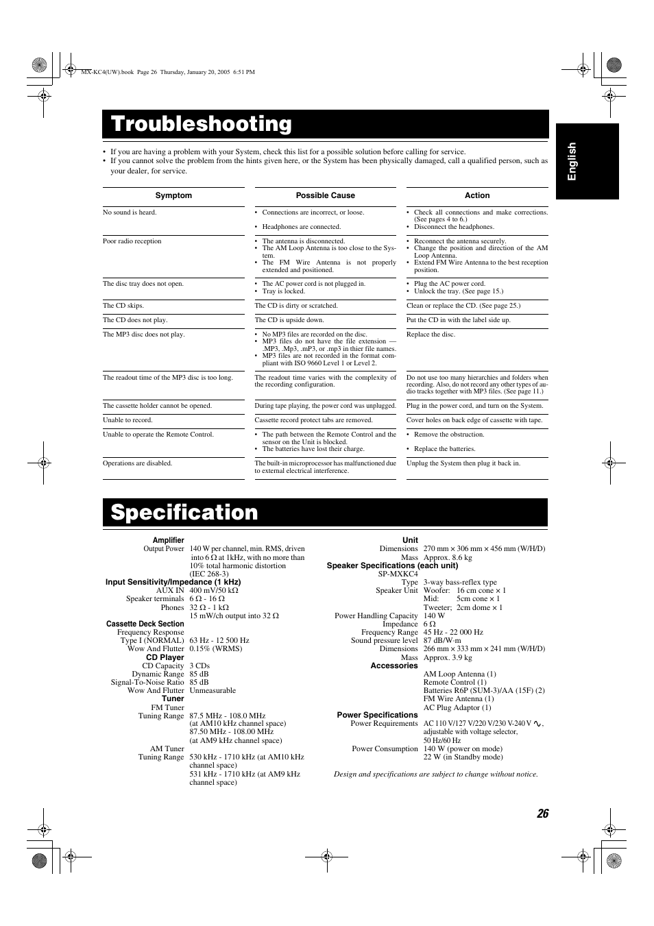 Troubleshooting, Specification, En glish | JVC 0205NYMCREBET User Manual | Page 58 / 88