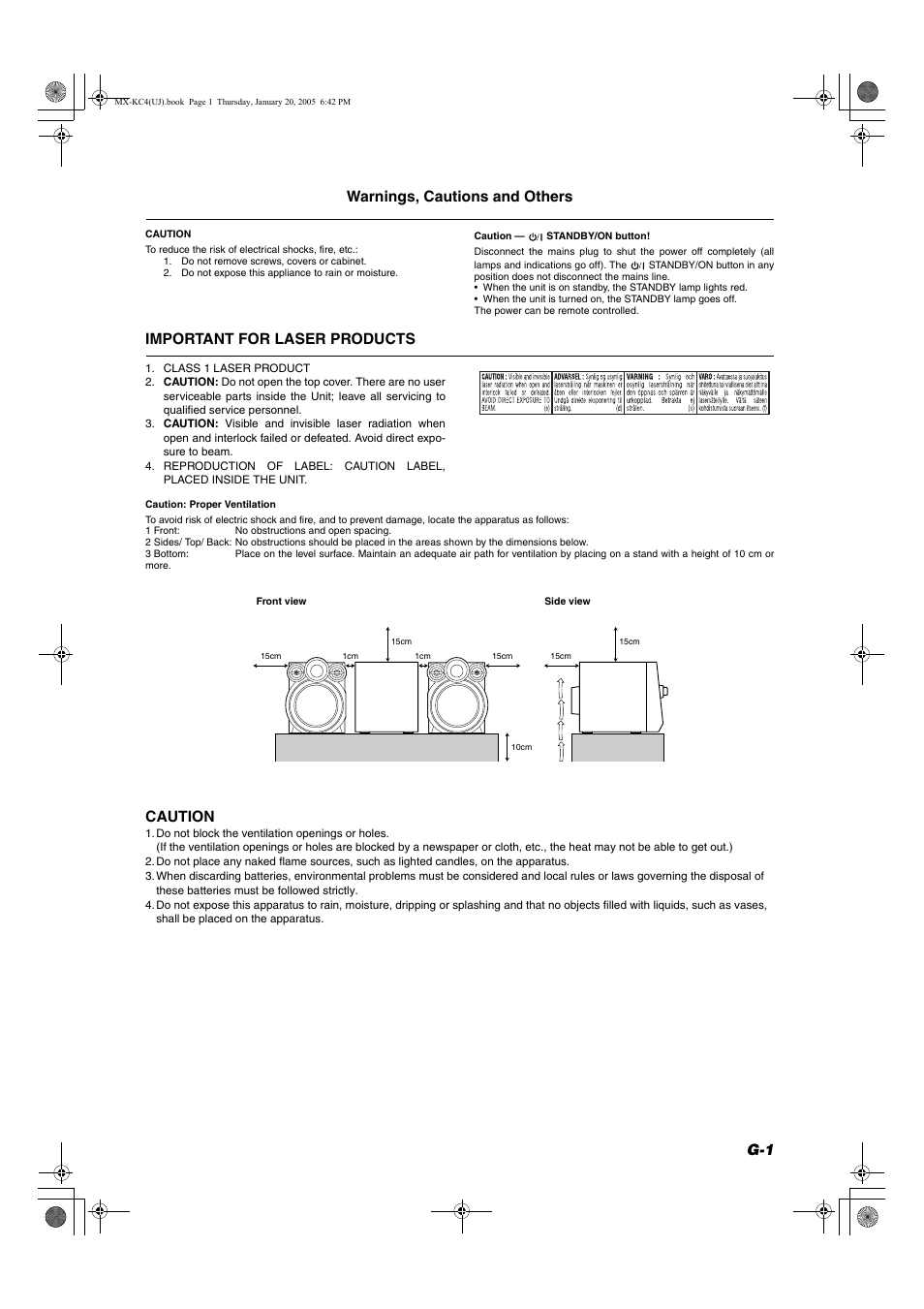 Warnings, cautions and others, G-1 warnings, cautions and others, Important for laser products | Caution | JVC 0205NYMCREBET User Manual | Page 61 / 88