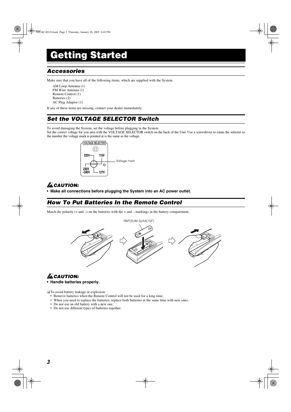 Getting started, Accessories, Set the voltage selector switch | How to put batteries in the remote control | JVC 0205NYMCREBET User Manual | Page 64 / 88