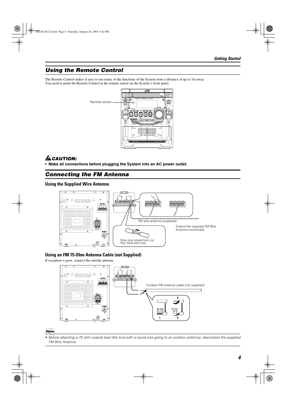 Using the remote control, Connecting the fm antenna | JVC 0205NYMCREBET User Manual | Page 65 / 88