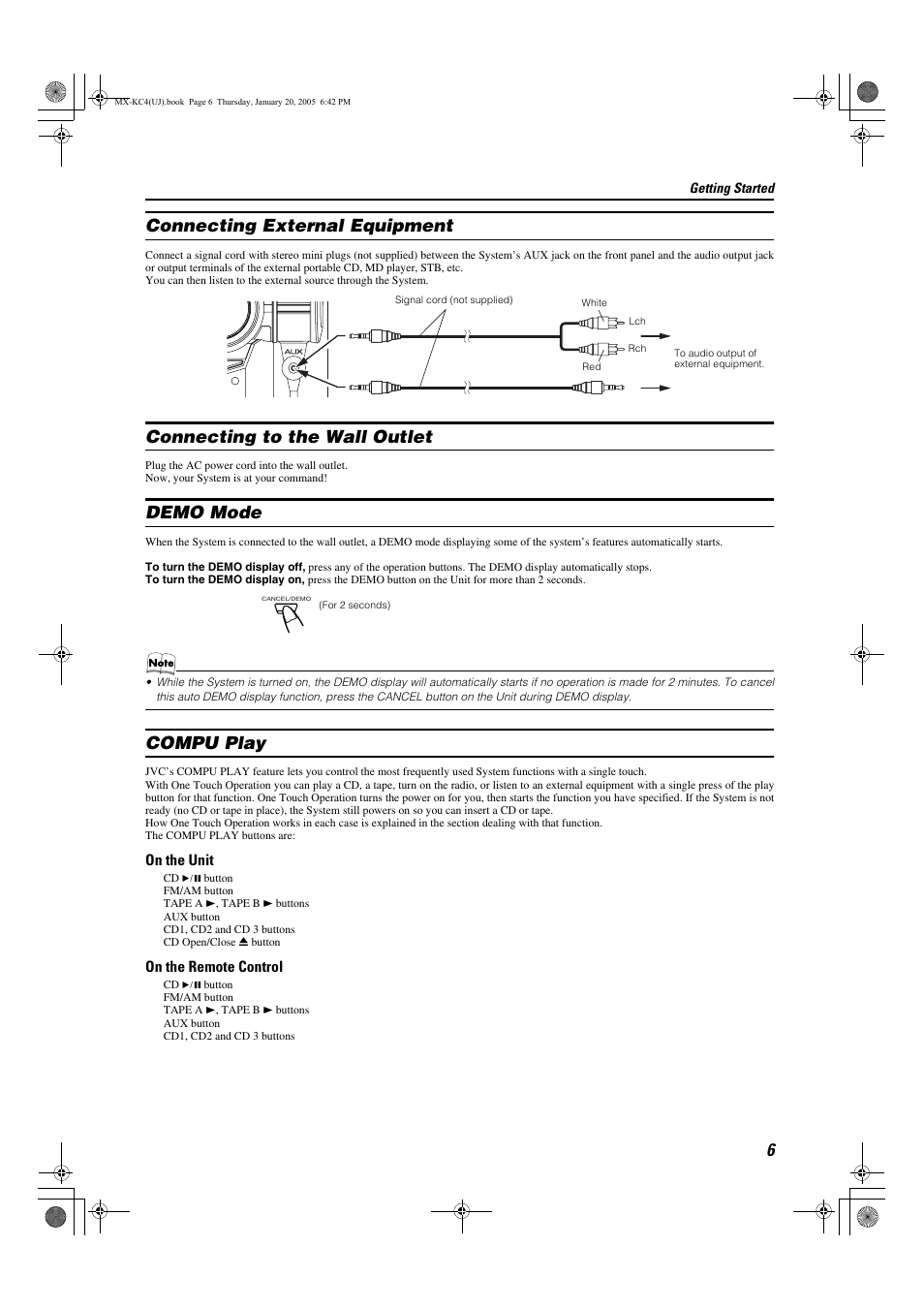 Connecting external equipment, Connecting to the wall outlet, Demo mode | Compu play | JVC 0205NYMCREBET User Manual | Page 67 / 88