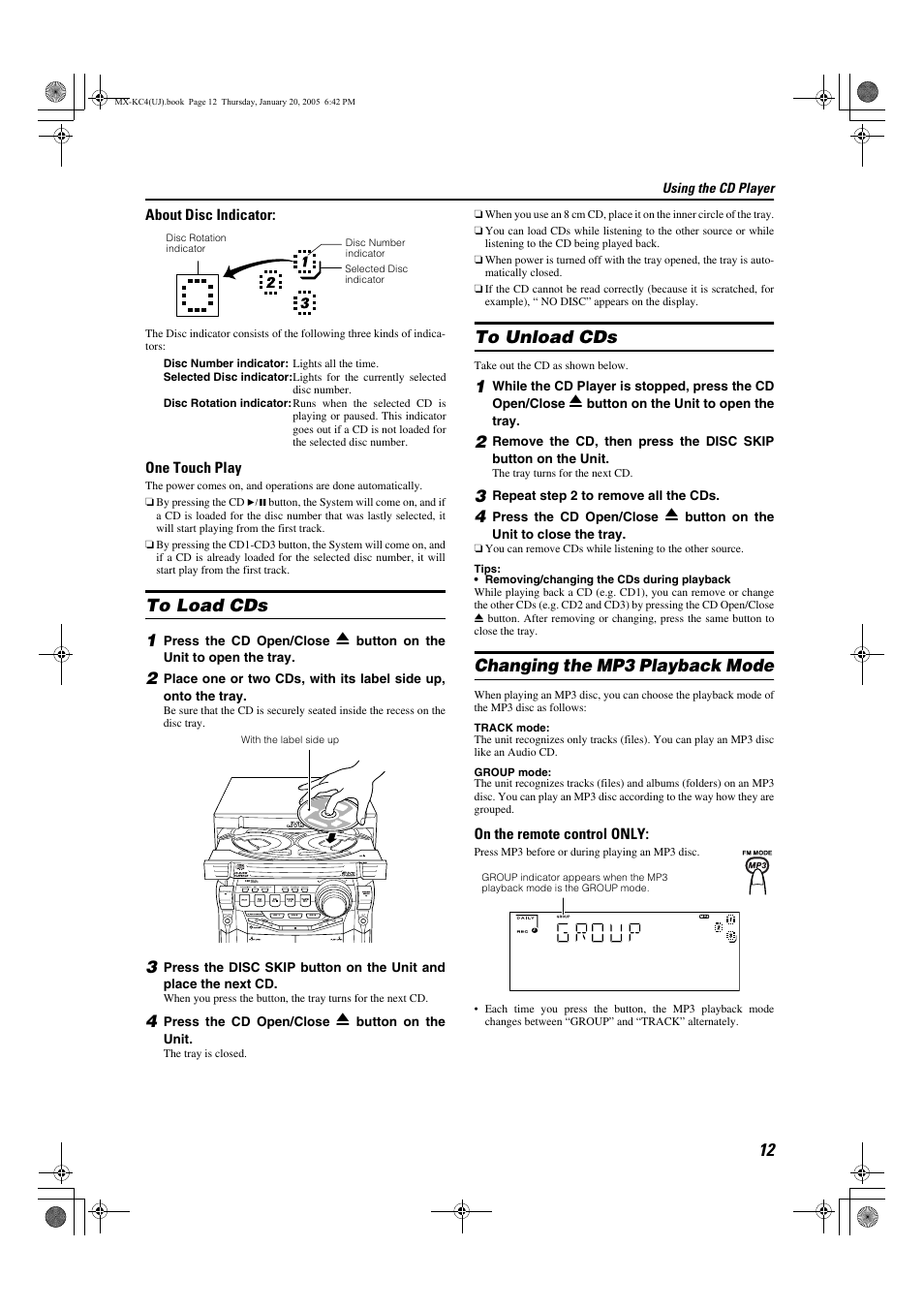 To load cds, To unload cds, Changing the mp3 playback mode | JVC 0205NYMCREBET User Manual | Page 73 / 88