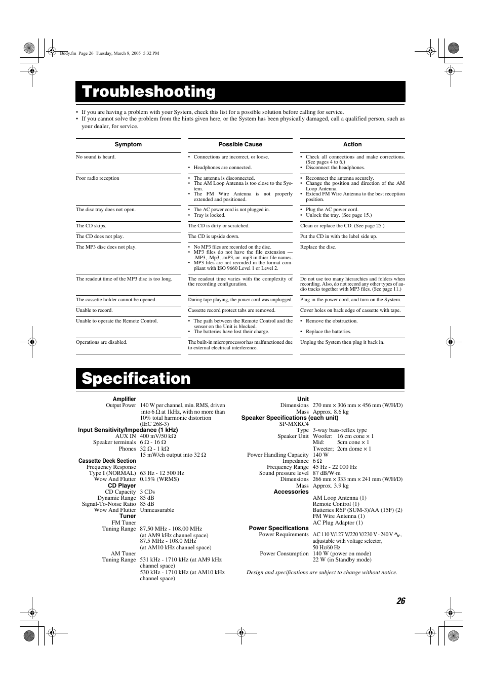 Troubleshooting, Specification | JVC 0205NYMCREBET User Manual | Page 87 / 88