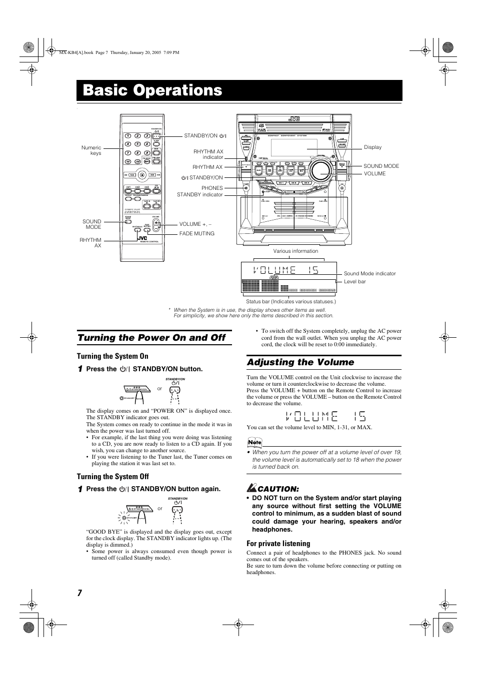 Basic operations, Turning the power on and off, Adjusting the volume | Turning the power on and off adjusting the volume, Turning the system on, Turning the system off, For private listening, Caution, Press the standby/on button, Press the standby/on button again | JVC 0205NYMCREBET User Manual | Page 9 / 88