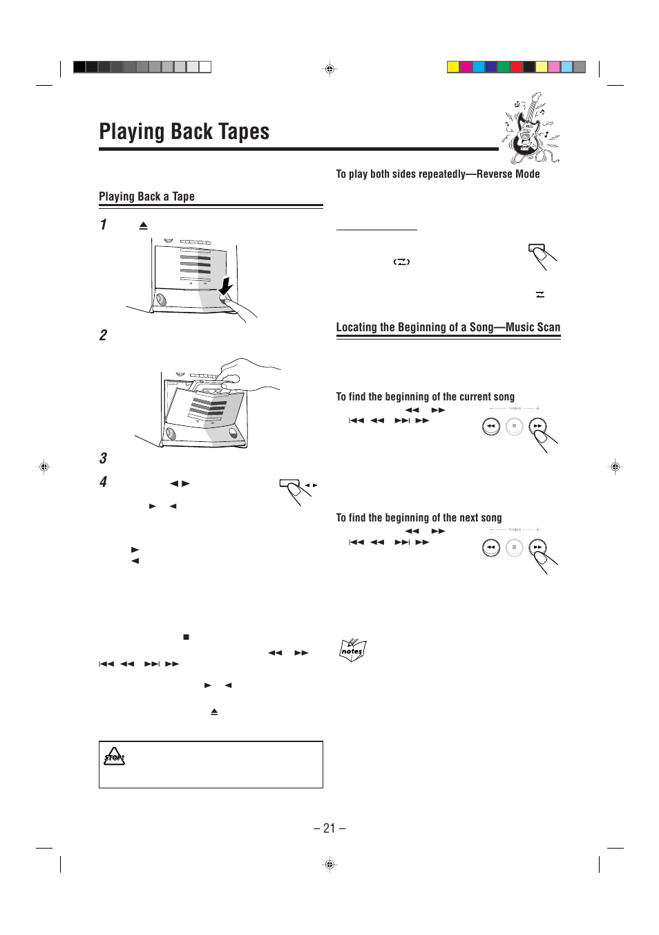 Playing back tapes, Playing back a tape, Locating the beginning of a song—music scan | JVC CA-HXZ1 User Manual | Page 24 / 73