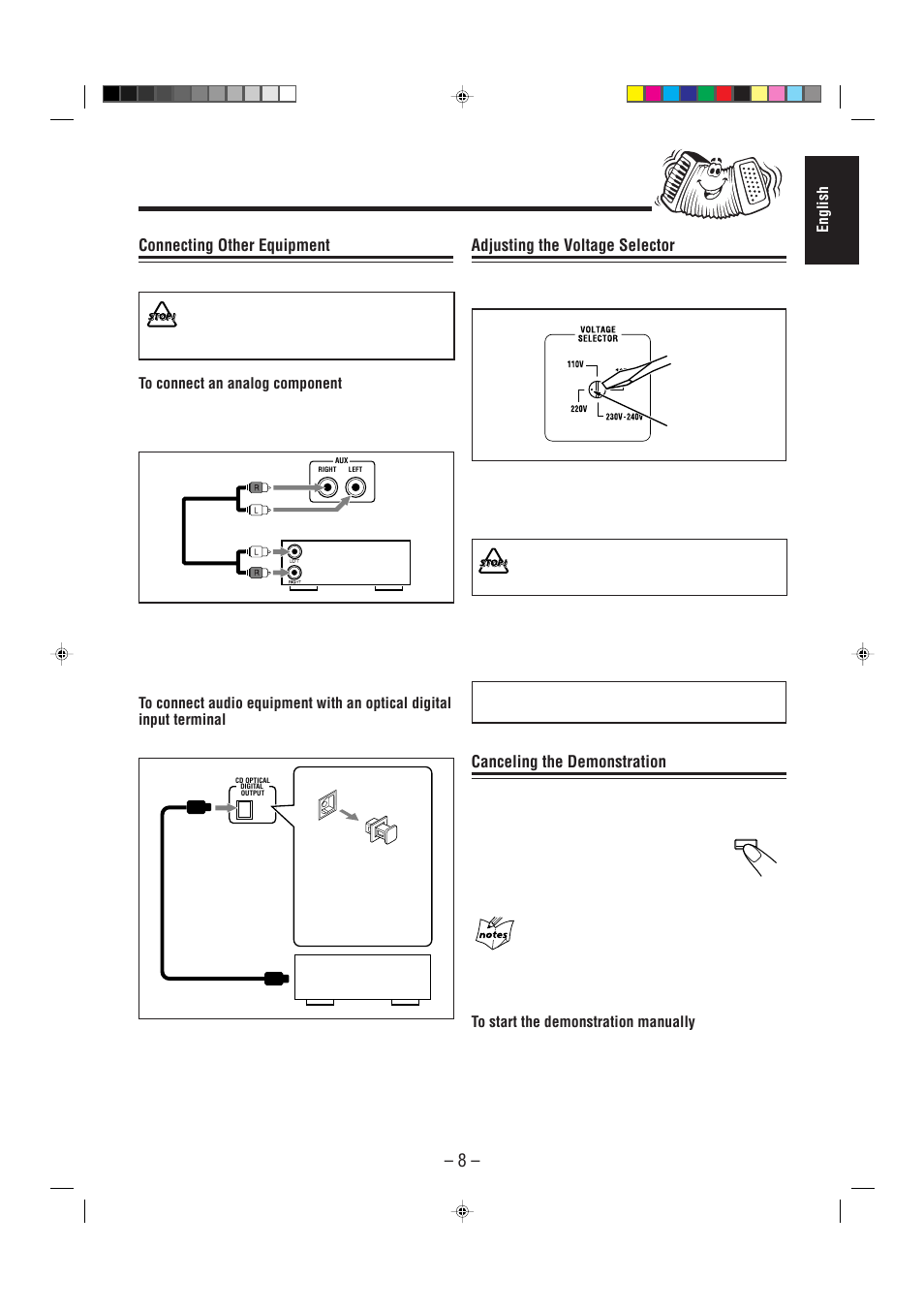 Now, you can plug the ac power cord, Connecting other equipment, Adjusting the voltage selector | Canceling the demonstration | JVC CA-HXZ1 User Manual | Page 49 / 73