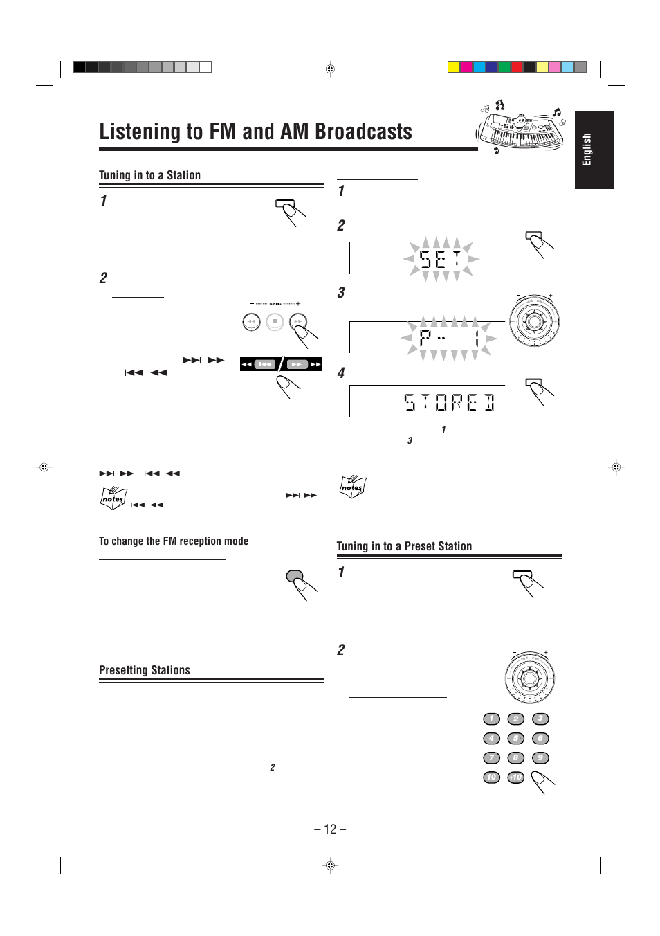 Listening to fm and am broadcasts, Tuning in to a station, Presetting stations | Tuning in to a preset station | JVC CA-HXZ1 User Manual | Page 53 / 73