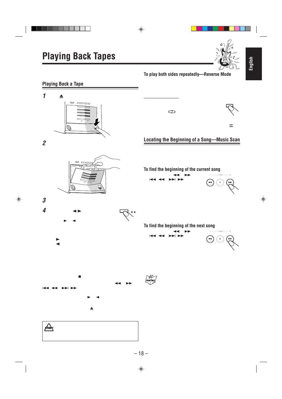 Playing back tapes, Playing back a tape, Locating the beginning of a song—music scan | JVC CA-HXZ1 User Manual | Page 59 / 73