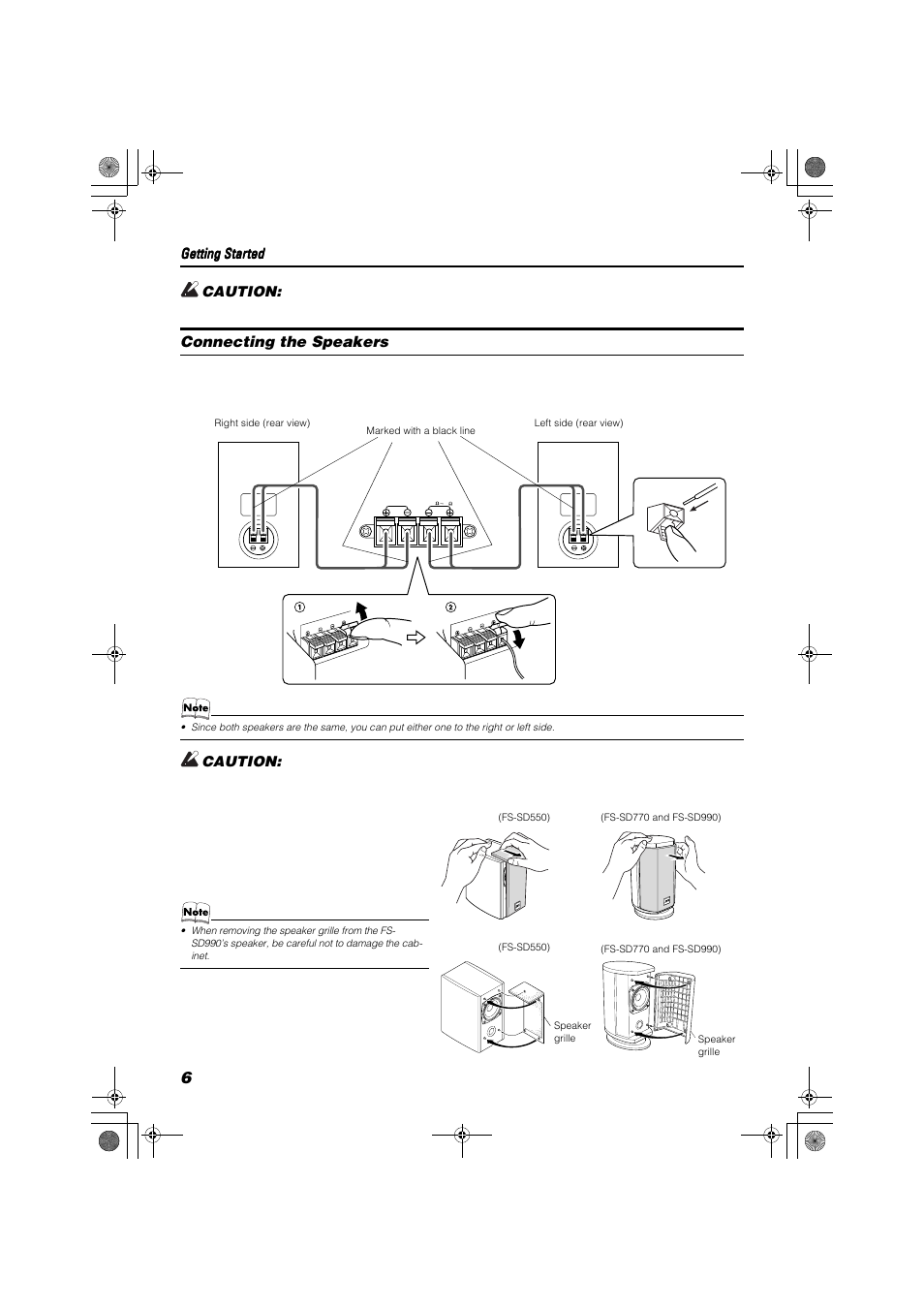 Connecting the speakers, Caution | JVC FS-SD550 User Manual | Page 8 / 24