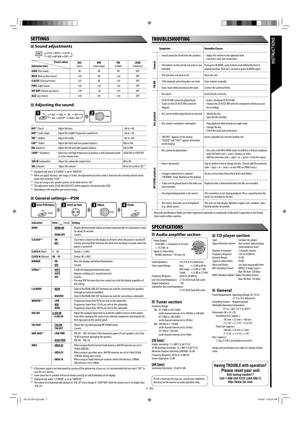 Troubleshooting specifications, Settings, General | General settings—psm, Sound adjustments, Adjusting the sound | JVC 0809DTSMDTJEIN User Manual | Page 3 / 4