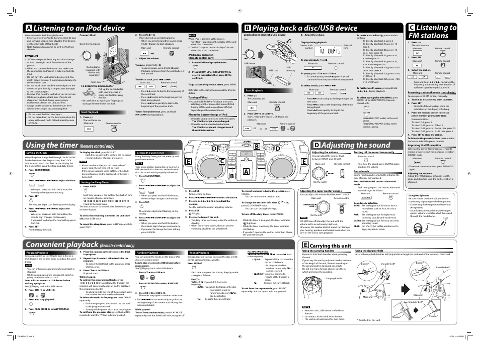 Start playback, Listening to an ipod device, Ipod menu operation (remote control only) | Turning off ipod, About the battery charge of ipod, Playing back a disc/usb device, Listening to fm stations, Presetting stations, Improving the fm reception, Adjusting the sound | JVC RV-NB52B User Manual | Page 2 / 2