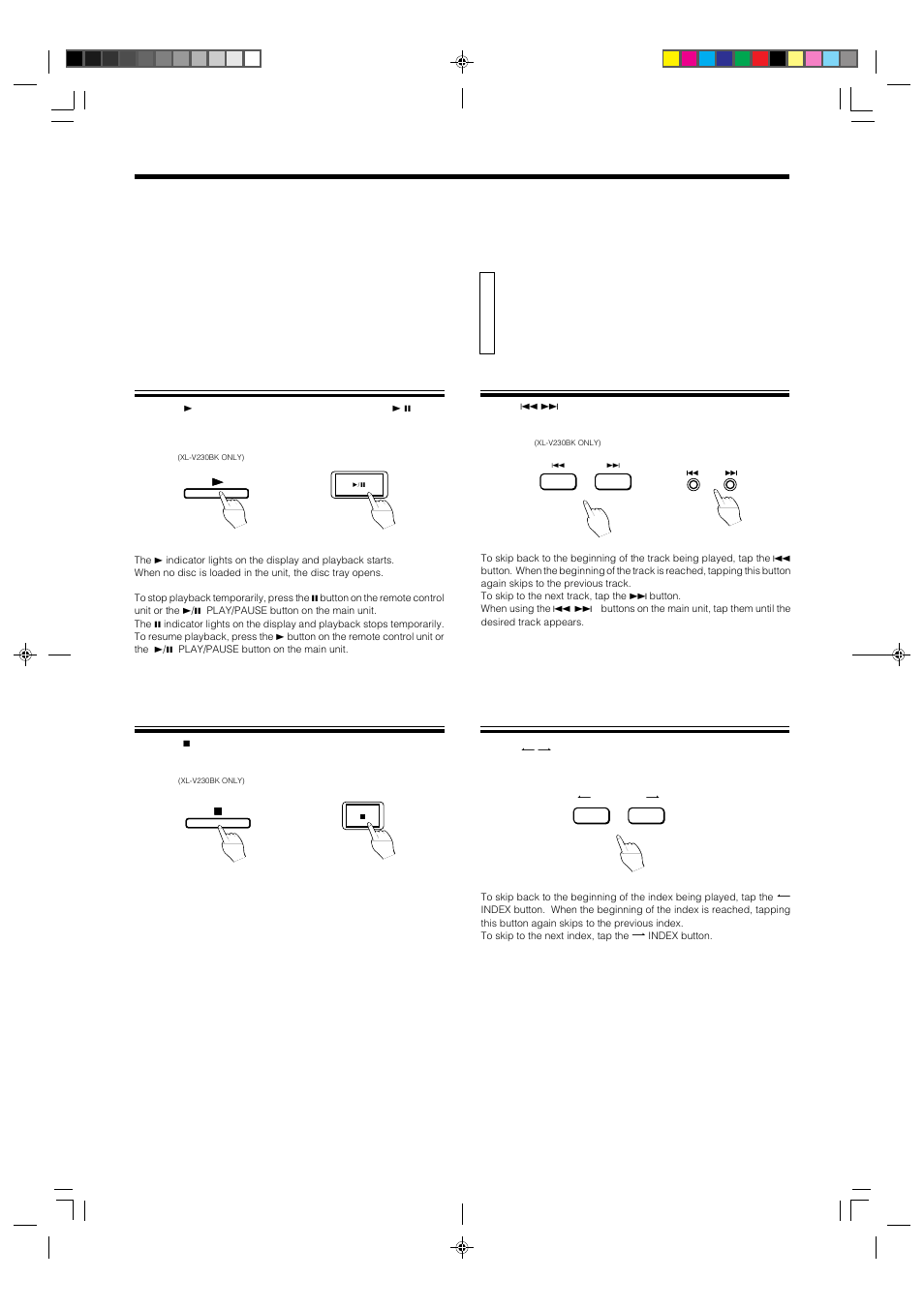 Locating a point to start playback, Basic operations, Playing a disc | Stopping playback, Skipping to a desired track, Skipping to a desired index, For a disc with index), Page 8 | JVC XL-V230BK User Manual | Page 11 / 19