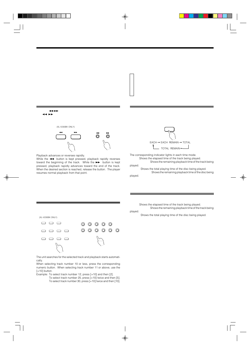 Displaying the time, Specifying a desired track, Page 9 | Swithching the time display on xl-v230bk, Displaying the time on xl-v130bk | JVC XL-V230BK User Manual | Page 12 / 19
