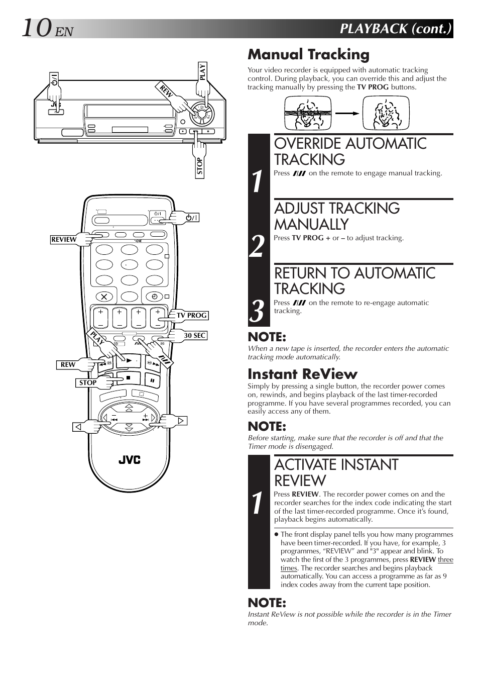 Override automatic tracking, Adjust tracking manually, Return to automatic tracking | Activate instant review, Playback (cont.), Manual tracking, Instant review | JVC HR-J250E User Manual | Page 10 / 36