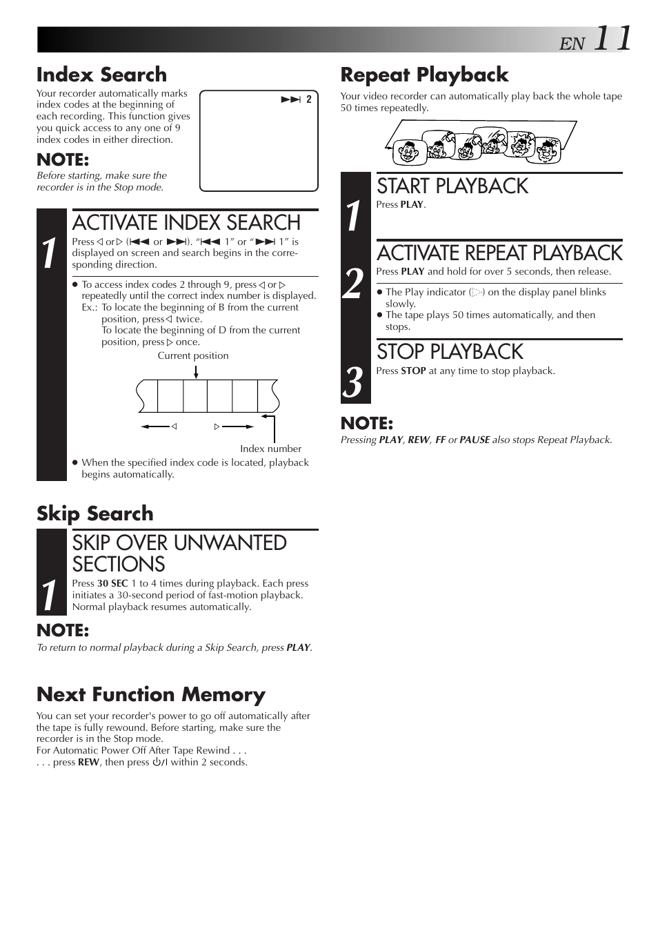 Start playback, Activate repeat playback, Stop playback | Activate index search, Repeat playback, Index search | JVC HR-J250E User Manual | Page 11 / 36