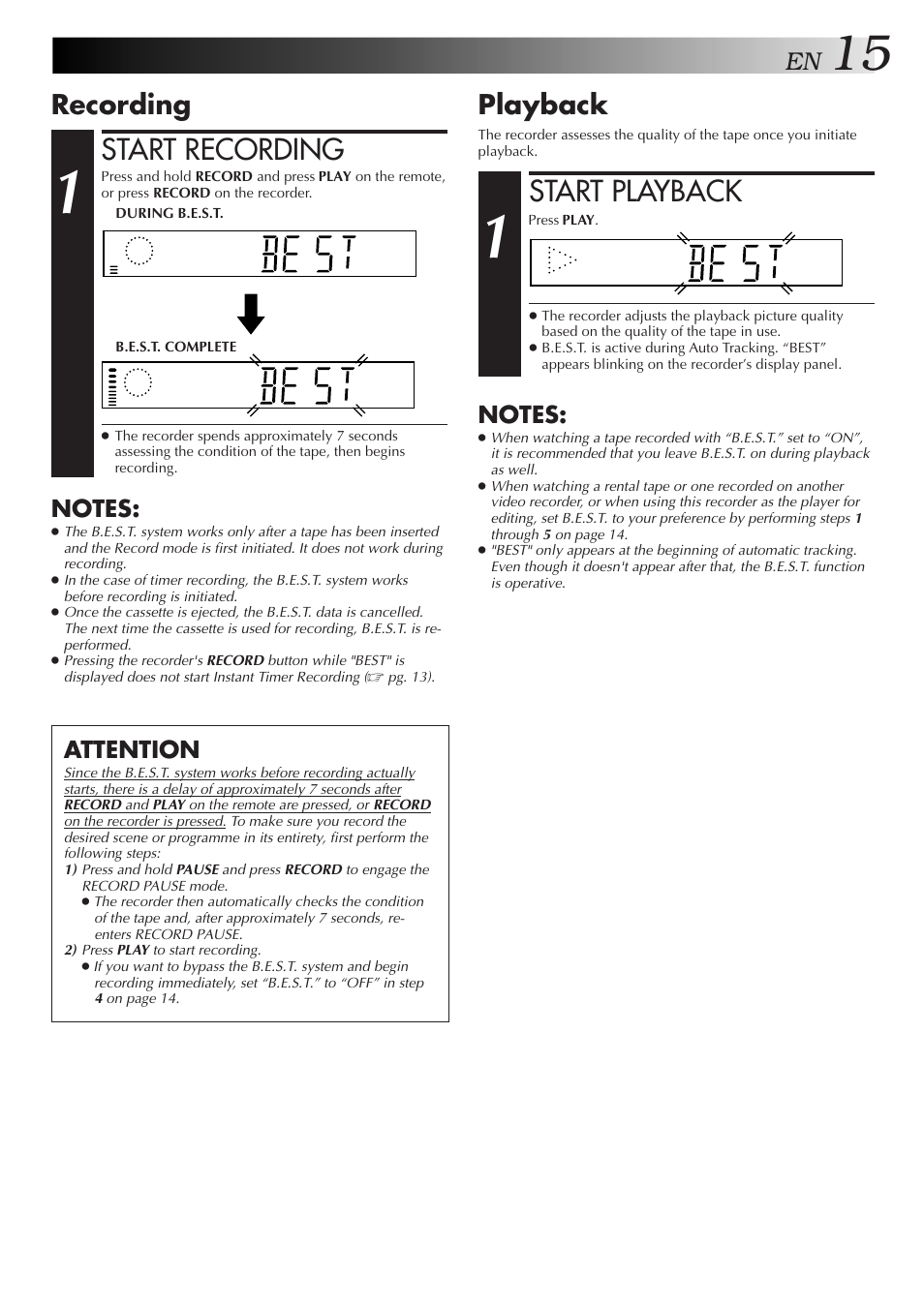 Start recording, Start playback, Recording | Playback, Attention | JVC HR-J250E User Manual | Page 15 / 36