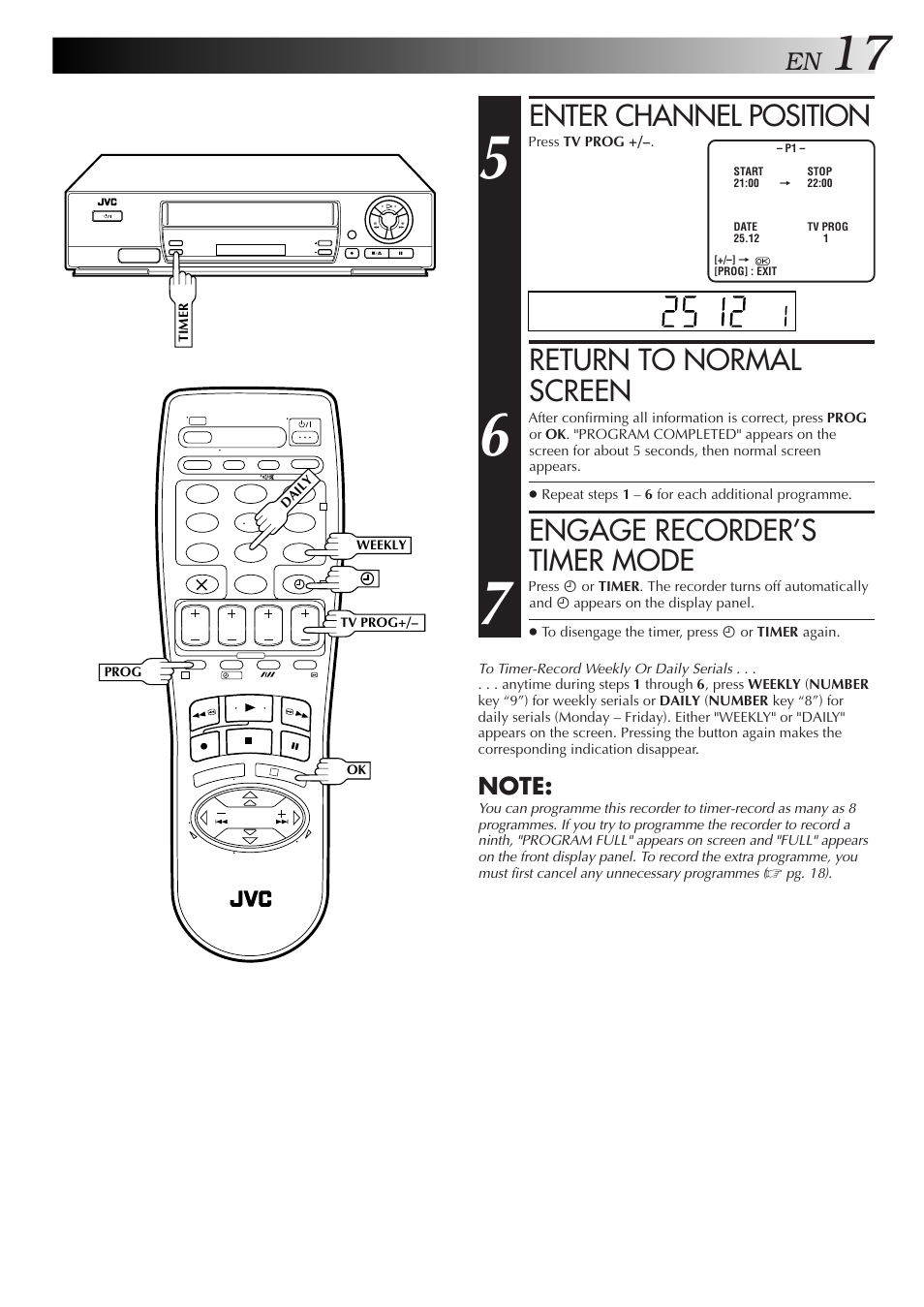 Enter channel position, Return to normal screen, Engage recorder’s timer mode | JVC HR-J250E User Manual | Page 17 / 36