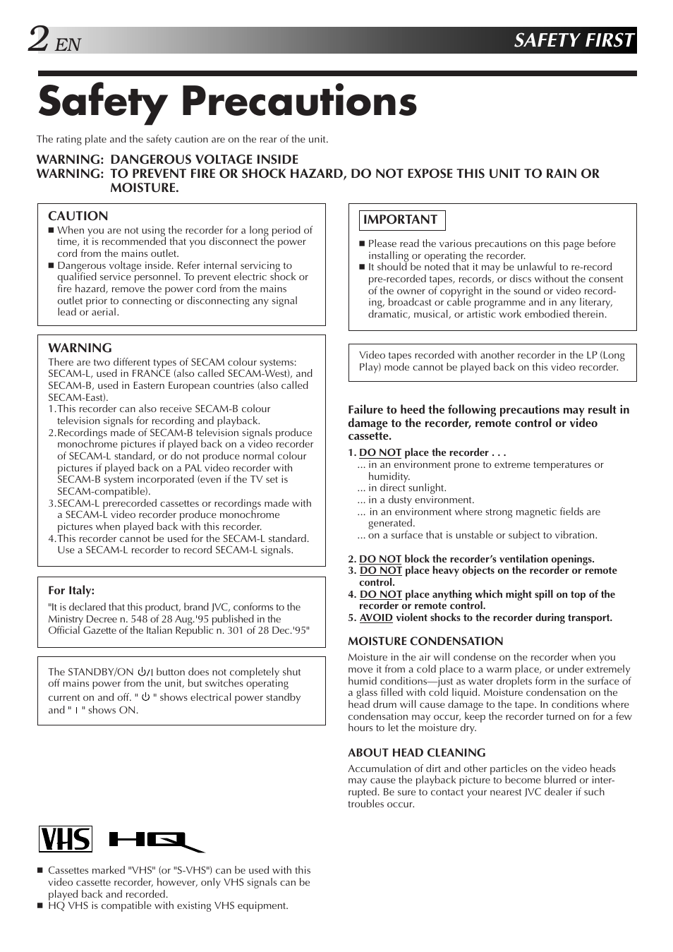 Safety precautions, Safety first | JVC HR-J250E User Manual | Page 2 / 36