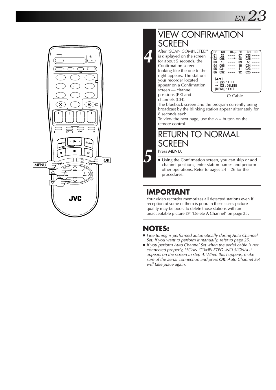 View confirmation screen, Return to normal screen, Important | JVC HR-J250E User Manual | Page 23 / 36