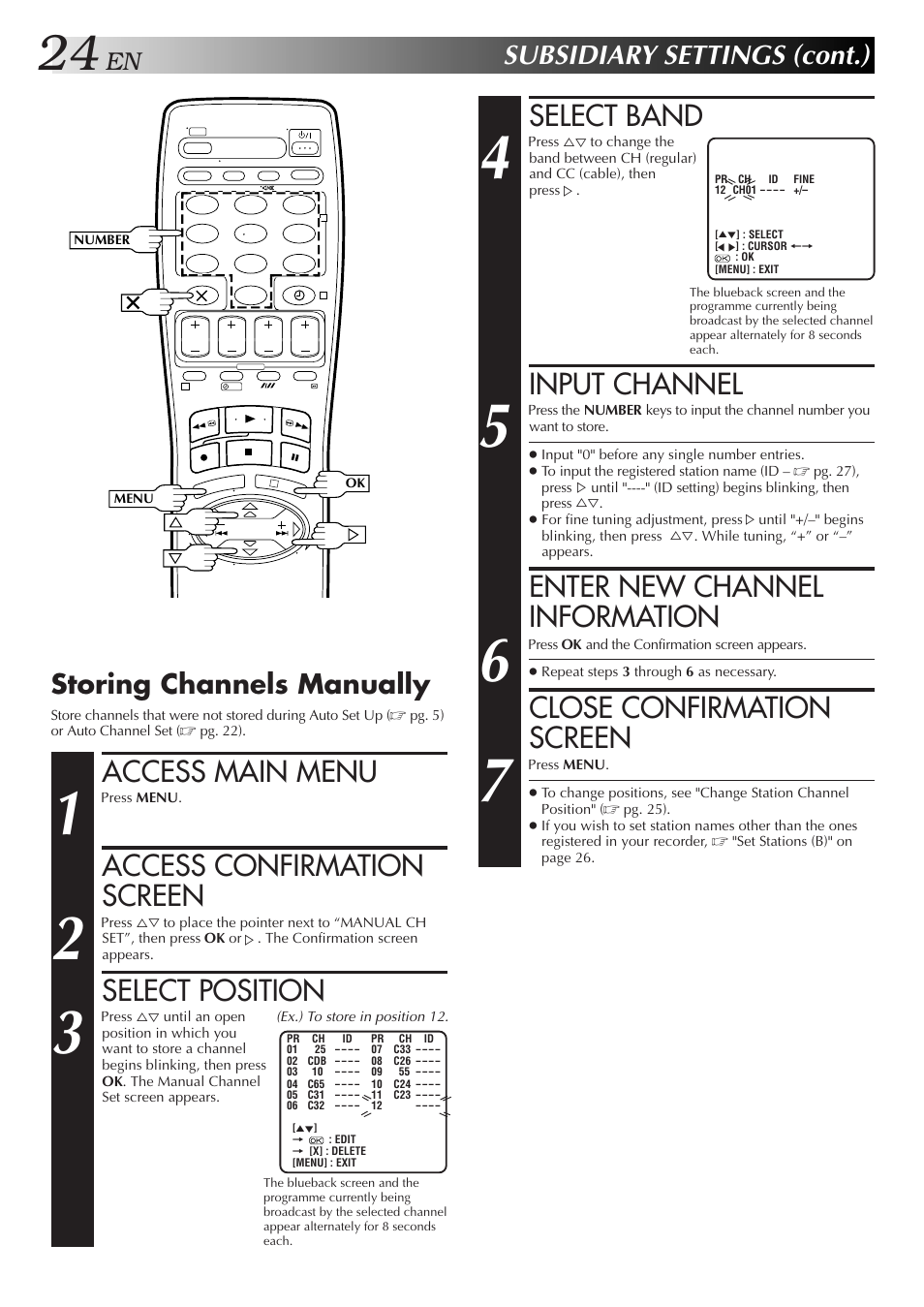 Select band, Input channel, Enter new channel information | Close confirmation screen, Access main menu, Access confirmation screen, Select position, Subsidiary settings (cont.), Storing channels manually | JVC HR-J250E User Manual | Page 24 / 36