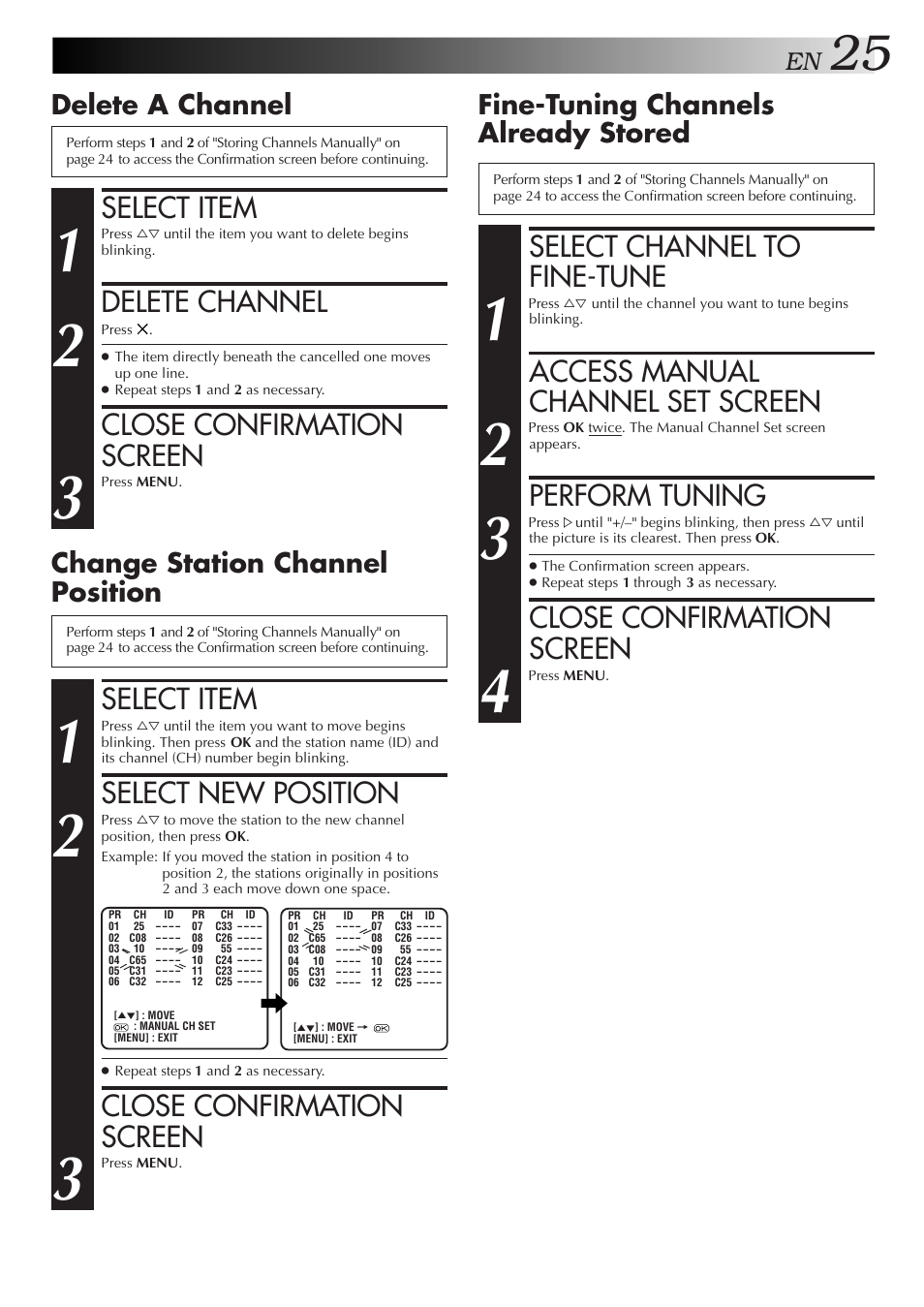 Select item, Select new position, Close confirmation screen | Delete channel, Select channel to fine-tune, Access manual channel set screen, Perform tuning, Change station channel position, Delete a channel, Fine-tuning channels already stored | JVC HR-J250E User Manual | Page 25 / 36