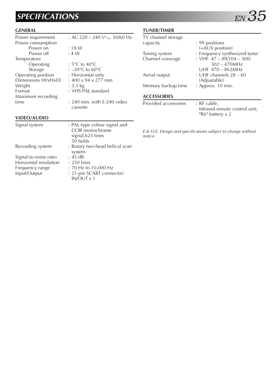 Specifications | JVC HR-J250E User Manual | Page 35 / 36
