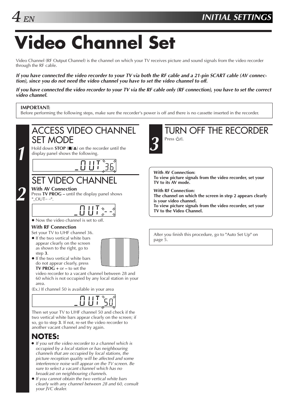 Video channel set, Access video channel set mode, Set video channel | Turn off the recorder, Initial settings | JVC HR-J250E User Manual | Page 4 / 36